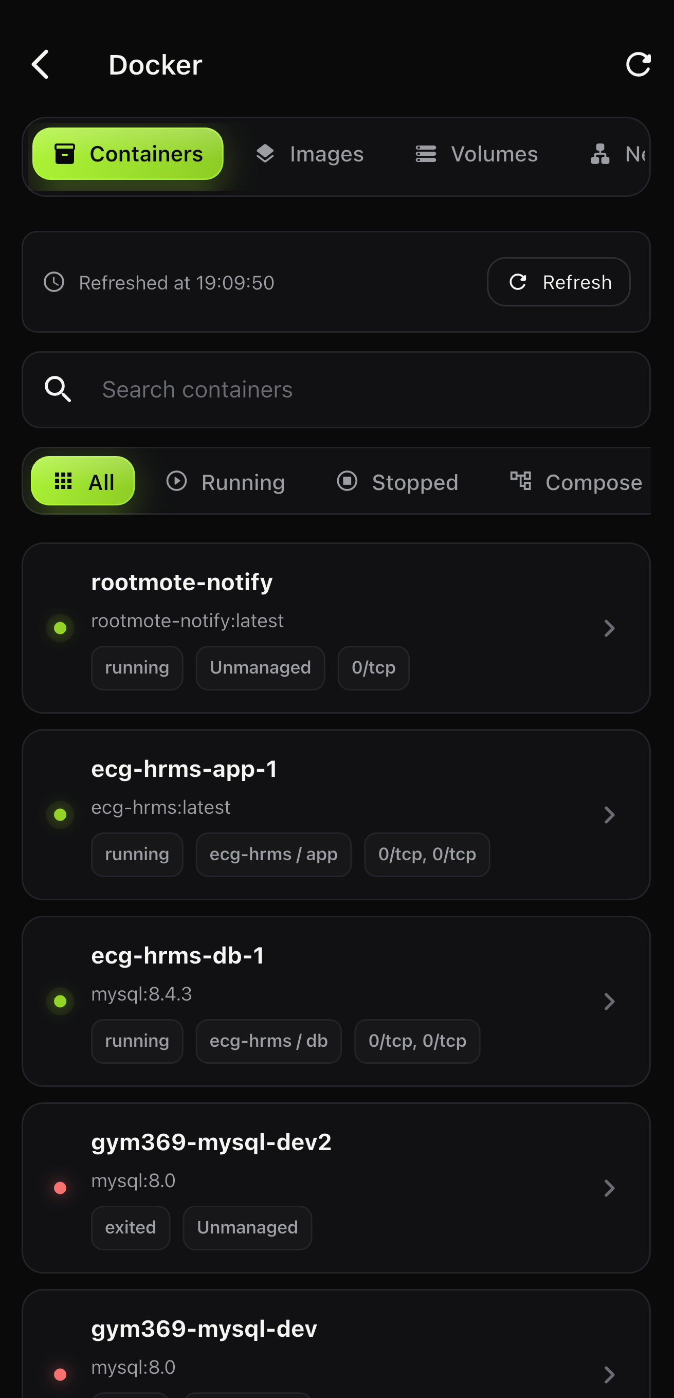 Docker containers with compose groupings and states
